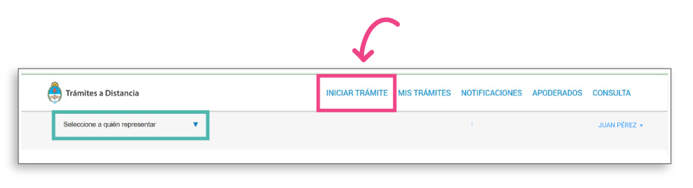 Botonera superior de la plataforma Trámites a Distancia. Se destaca el botón de la izquierda desplegable Seleccione a quién representar y el botón INICIAR TRÁMITE 