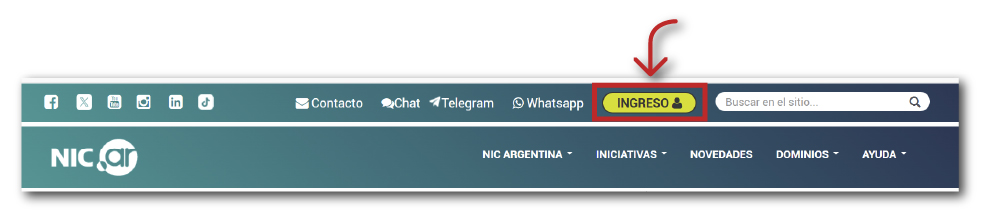 Barra superior del sitio de NIC Argentina donde se señala el botón Ingreso