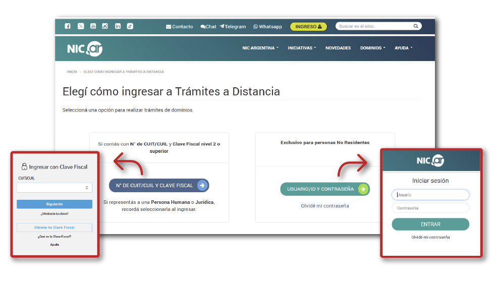 Página Elegí como ingresar a Tramites a Distancia en el sitio web de NIC Argentina se destaca el ingreso con cuit y clave fiscal y el ingreso con usuario y contraseña para personas no residentes