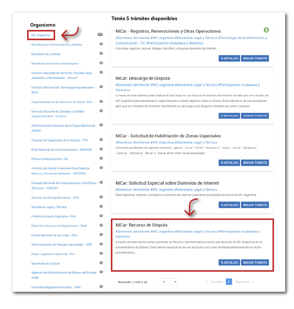 Página Trámites a Distancia donde se selecciona el botón NIC Argentina en el margen superior izquierdo y el último trámite del listado: NICar Recurso de Disputa