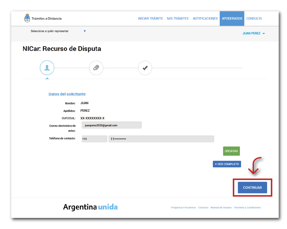 Página TAD, corroborando datos de usuario dónde se selecciona el botón Continuar