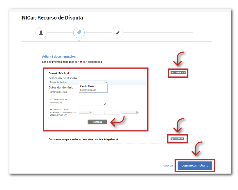Pagina TAD, ingreso del Recurso de Disputa donde se señala el botón Completar con los datos del trámite del dominio, el fundamento del requerimiento y el número de expediente de la Disputa.  Seguido del botón Guardar y por último el botón Confirmar Trámite. 