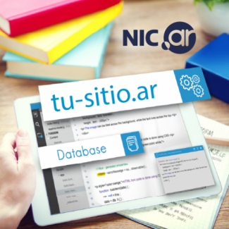 Una tablet con imagen de constructor de sitio y html. Un cartel que dice tusitio.ar